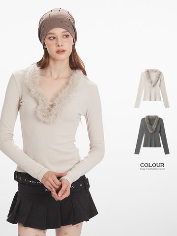 Faux Fur V-Neck Long Sleeve Top