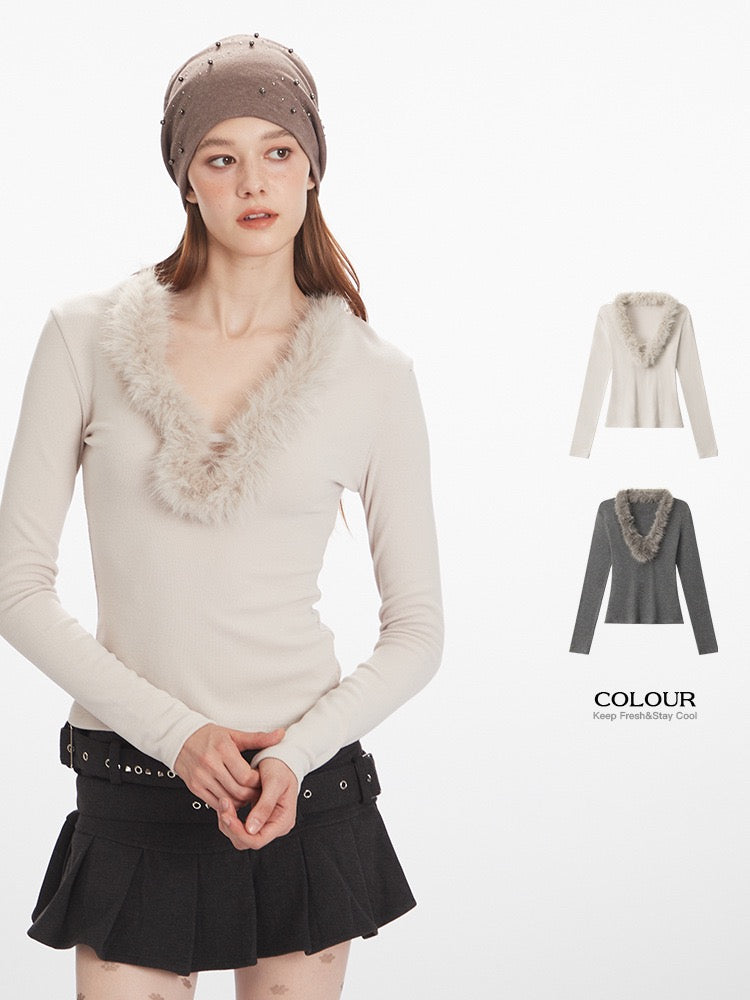Faux Fur V-Neck Long Sleeve Top