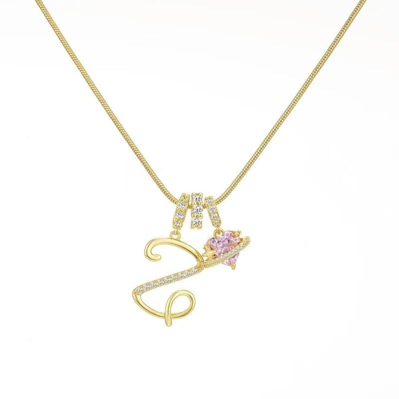 Custom Initial Letter Necklace with Pink Heart - Gold Cursive Alphabet Pendant Jewelry