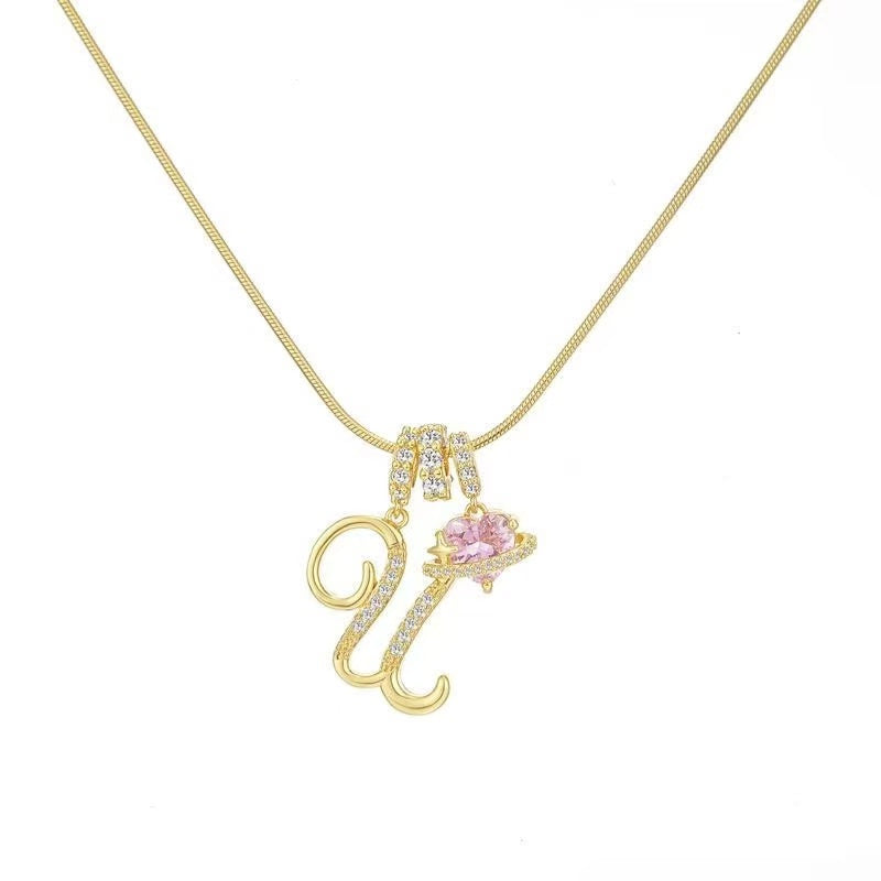 Custom Initial Letter Necklace with Pink Heart - Gold Cursive Alphabet Pendant Jewelry