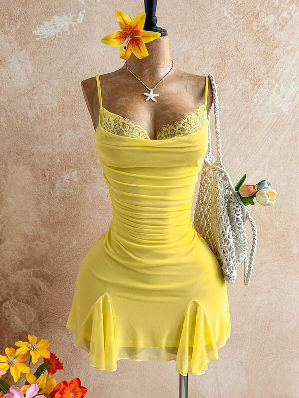 Lemon Lace Ruched Mini Dress