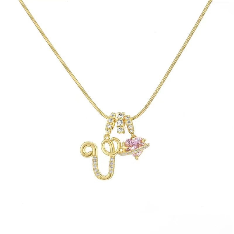 Custom Initial Letter Necklace with Pink Heart - Gold Cursive Alphabet Pendant Jewelry