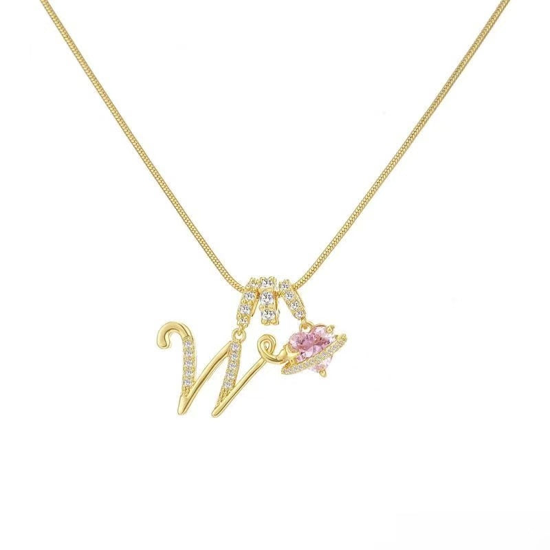 Custom Initial Letter Necklace with Pink Heart - Gold Cursive Alphabet Pendant Jewelry