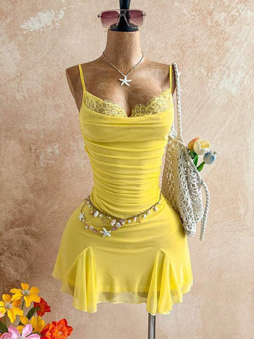 Lemon Lace Ruched Mini Dress