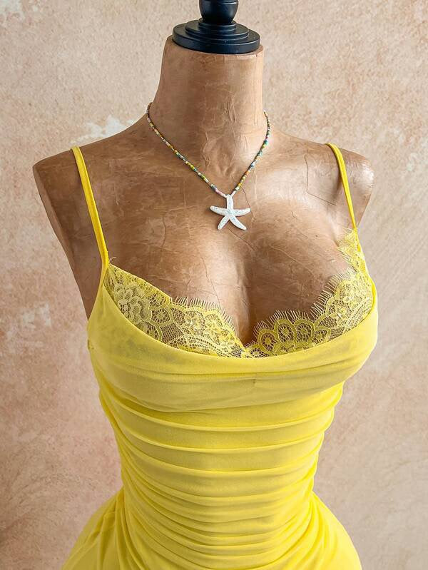 Lemon Lace Ruched Mini Dress