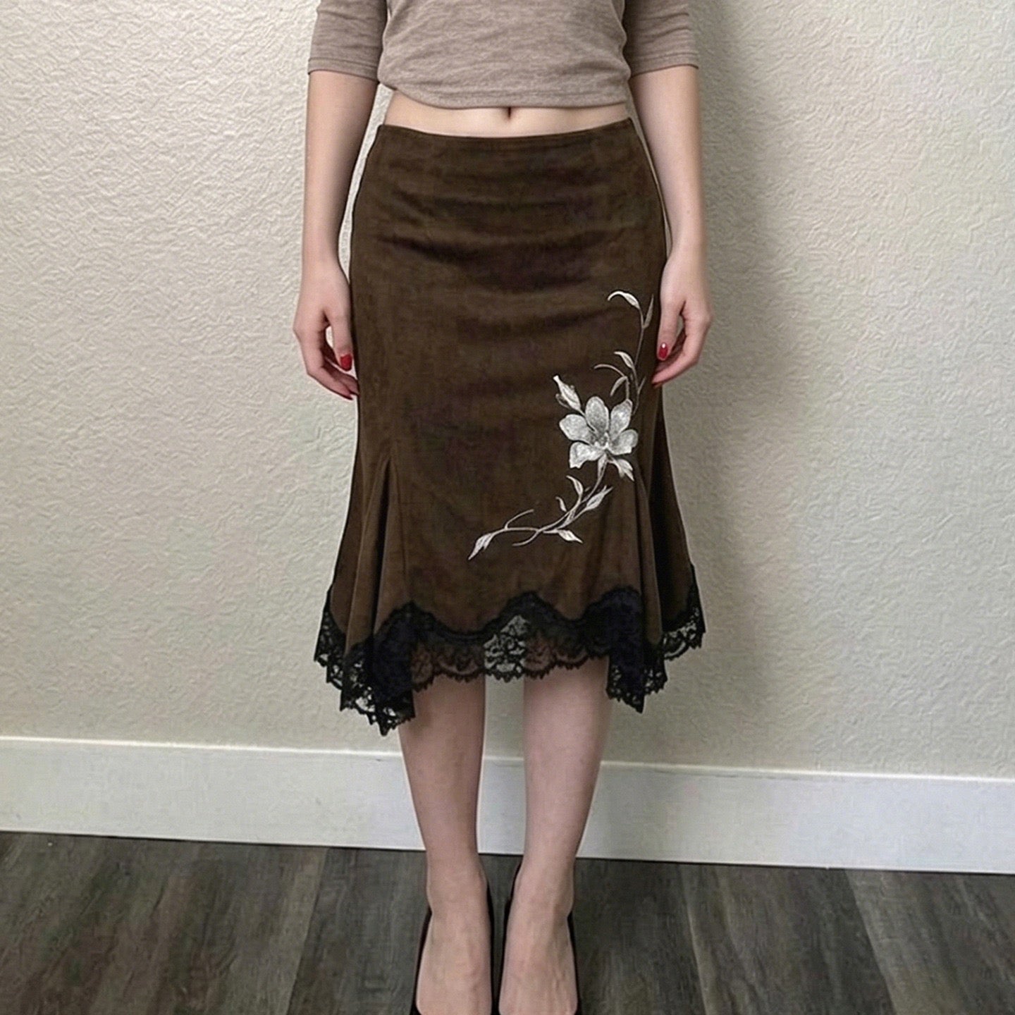 Embroidered Lily Lace Hem Midi Skirt
