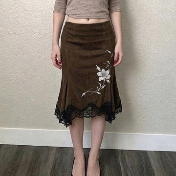 Embroidered Lily Lace Hem Midi Skirt