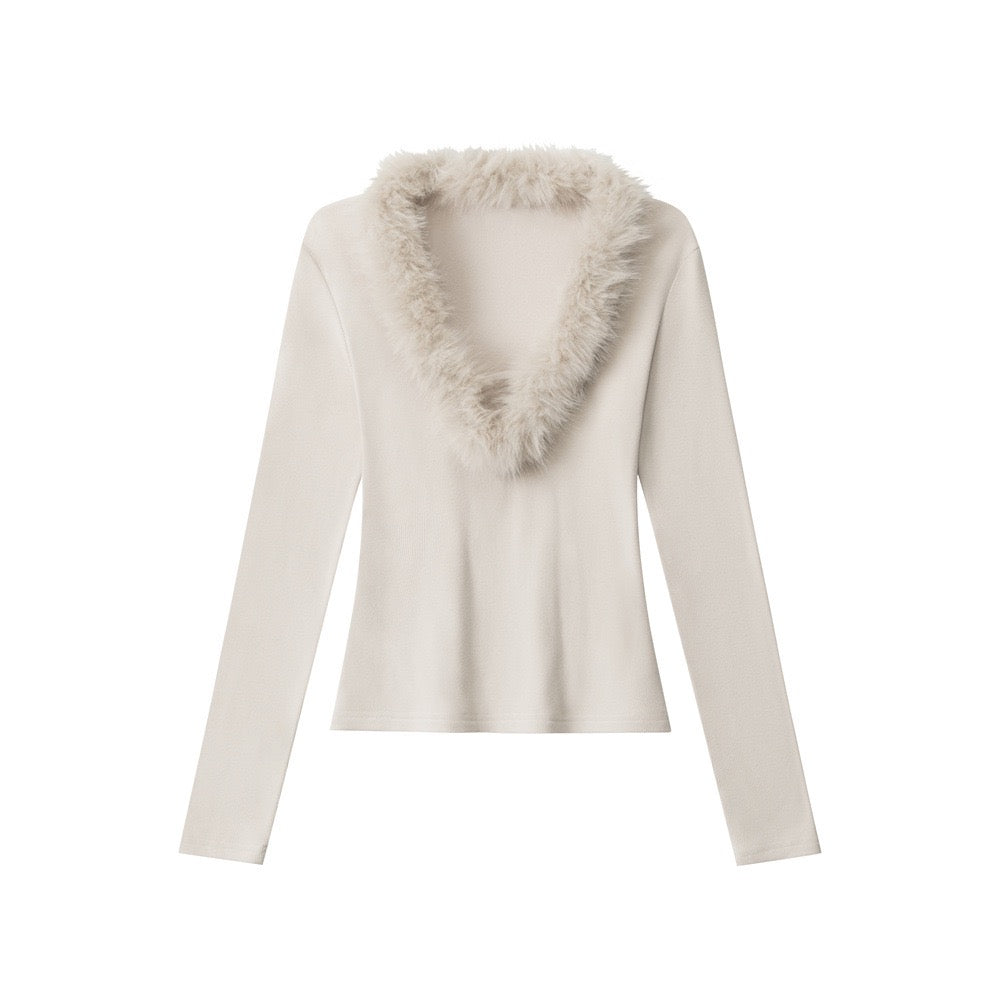 Faux Fur V-Neck Long Sleeve Top