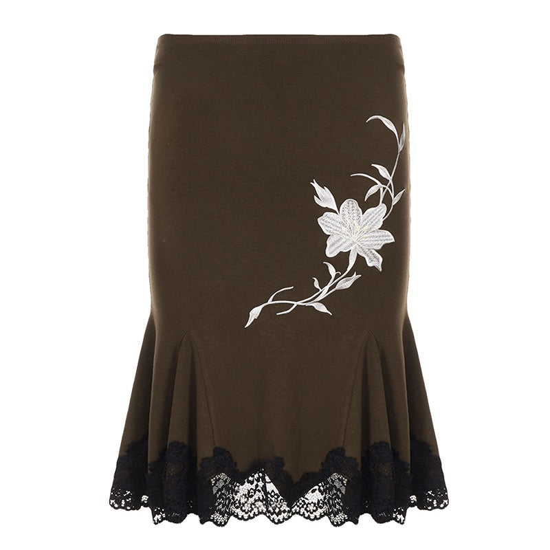 Embroidered Lily Lace Hem Midi Skirt