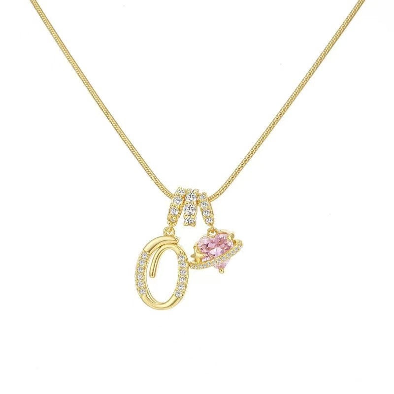 Custom Initial Letter Necklace with Pink Heart - Gold Cursive Alphabet Pendant Jewelry
