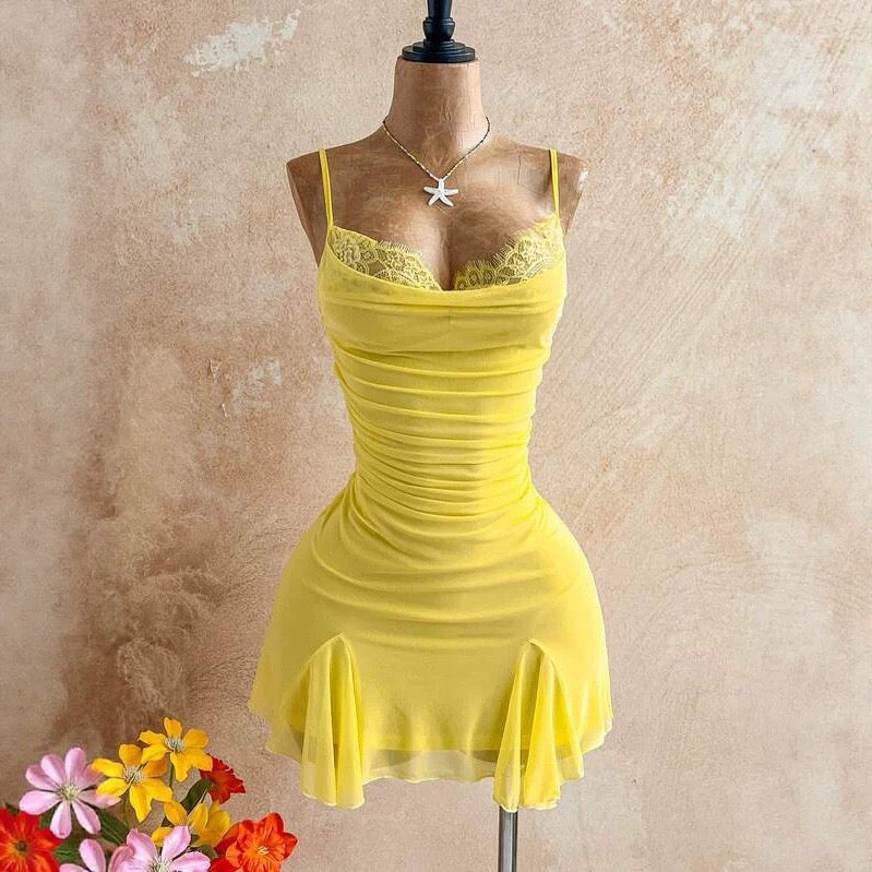 Lemon Lace Ruched Mini Dress