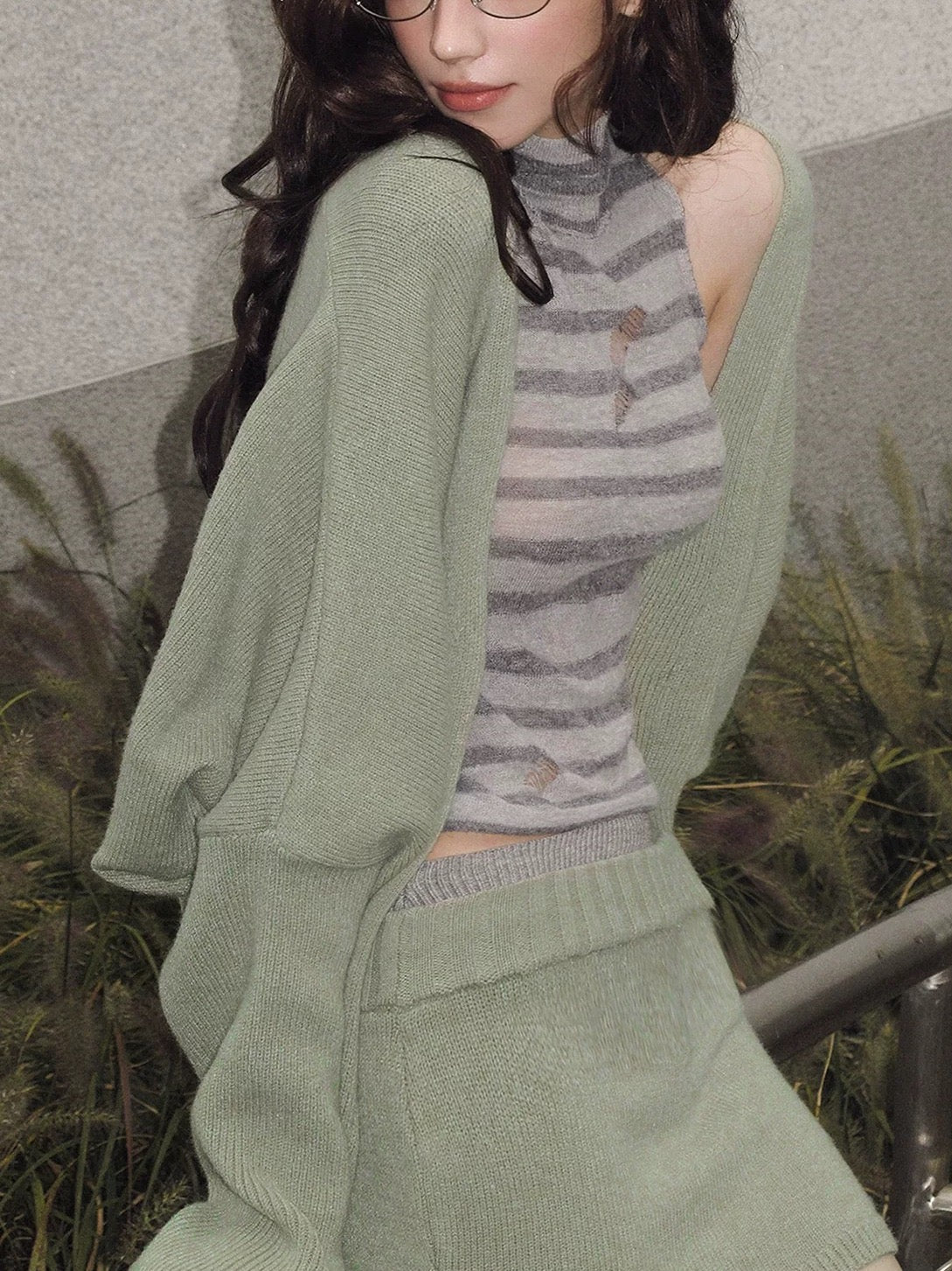 Soft Sage Knit Cardigan & Mini Skirt Set