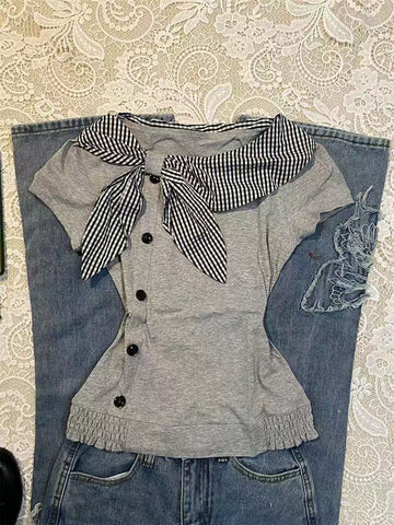 Marin Stripe Scarf Knit Top – Grey