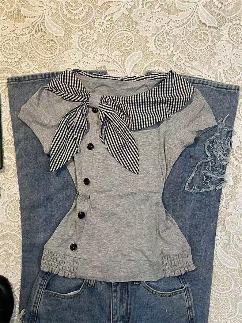 Marin Stripe Scarf Knit Top – Grey