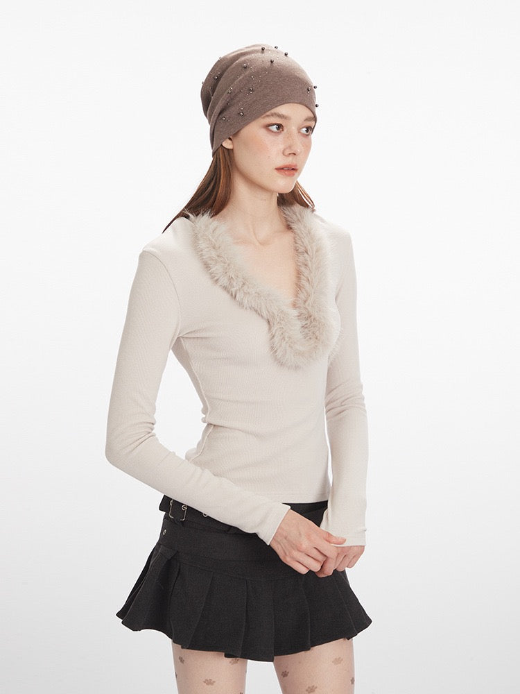 Faux Fur V-Neck Long Sleeve Top
