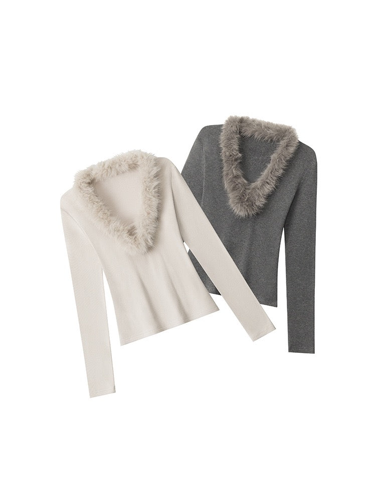 Faux Fur V-Neck Long Sleeve Top