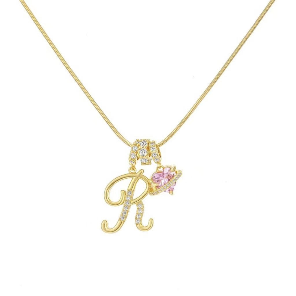 Custom Initial Letter Necklace with Pink Heart - Gold Cursive Alphabet Pendant Jewelry