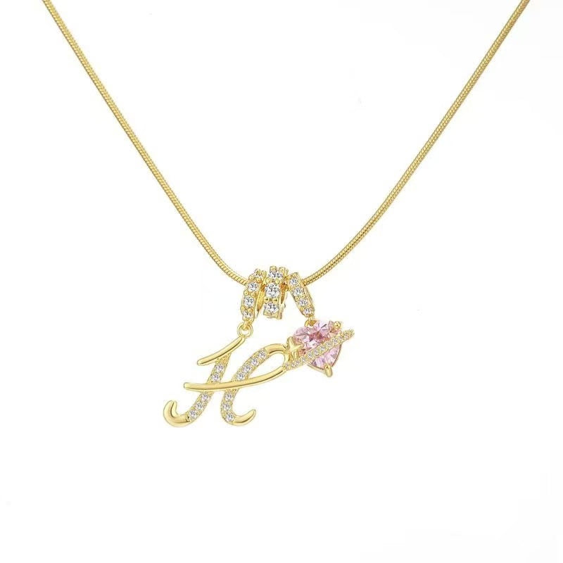 Custom Initial Letter Necklace with Pink Heart - Gold Cursive Alphabet Pendant Jewelry