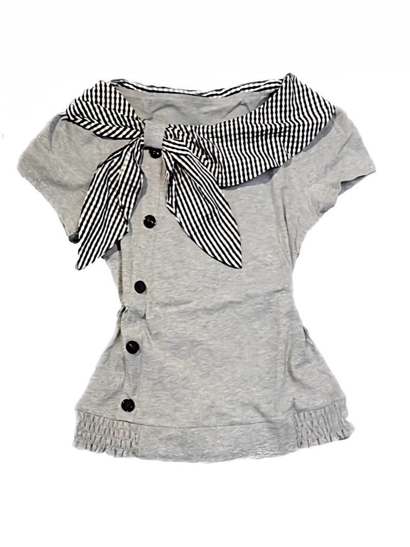 Marin Stripe Scarf Knit Top – Grey