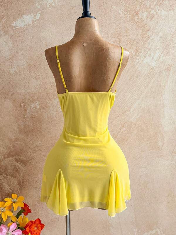 Lemon Lace Ruched Mini Dress