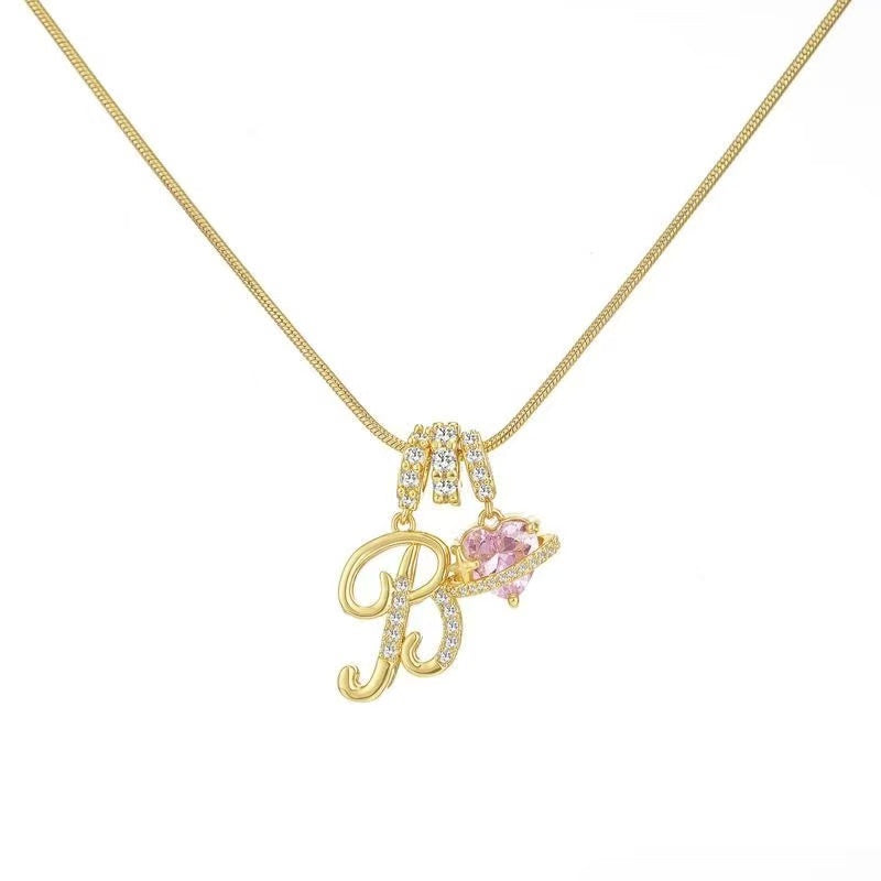 Custom Initial Letter Necklace with Pink Heart - Gold Cursive Alphabet Pendant Jewelry