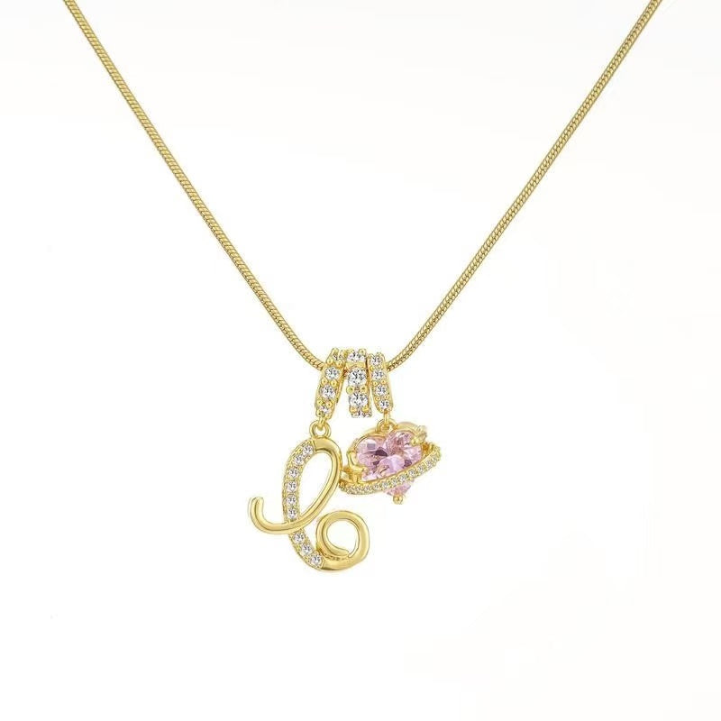 Custom Initial Letter Necklace with Pink Heart - Gold Cursive Alphabet Pendant Jewelry
