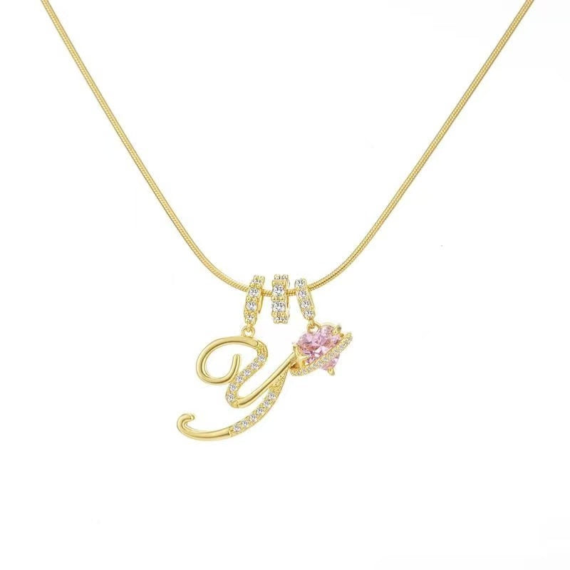 Custom Initial Letter Necklace with Pink Heart - Gold Cursive Alphabet Pendant Jewelry