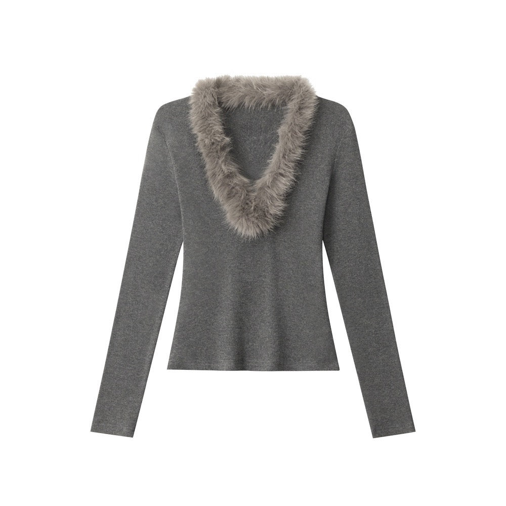 Faux Fur V-Neck Long Sleeve Top