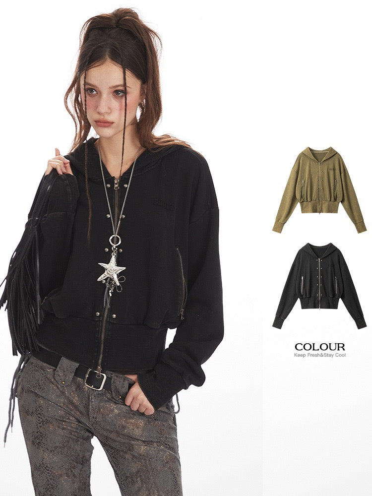 Rivet Zip Cropped Hoodie
