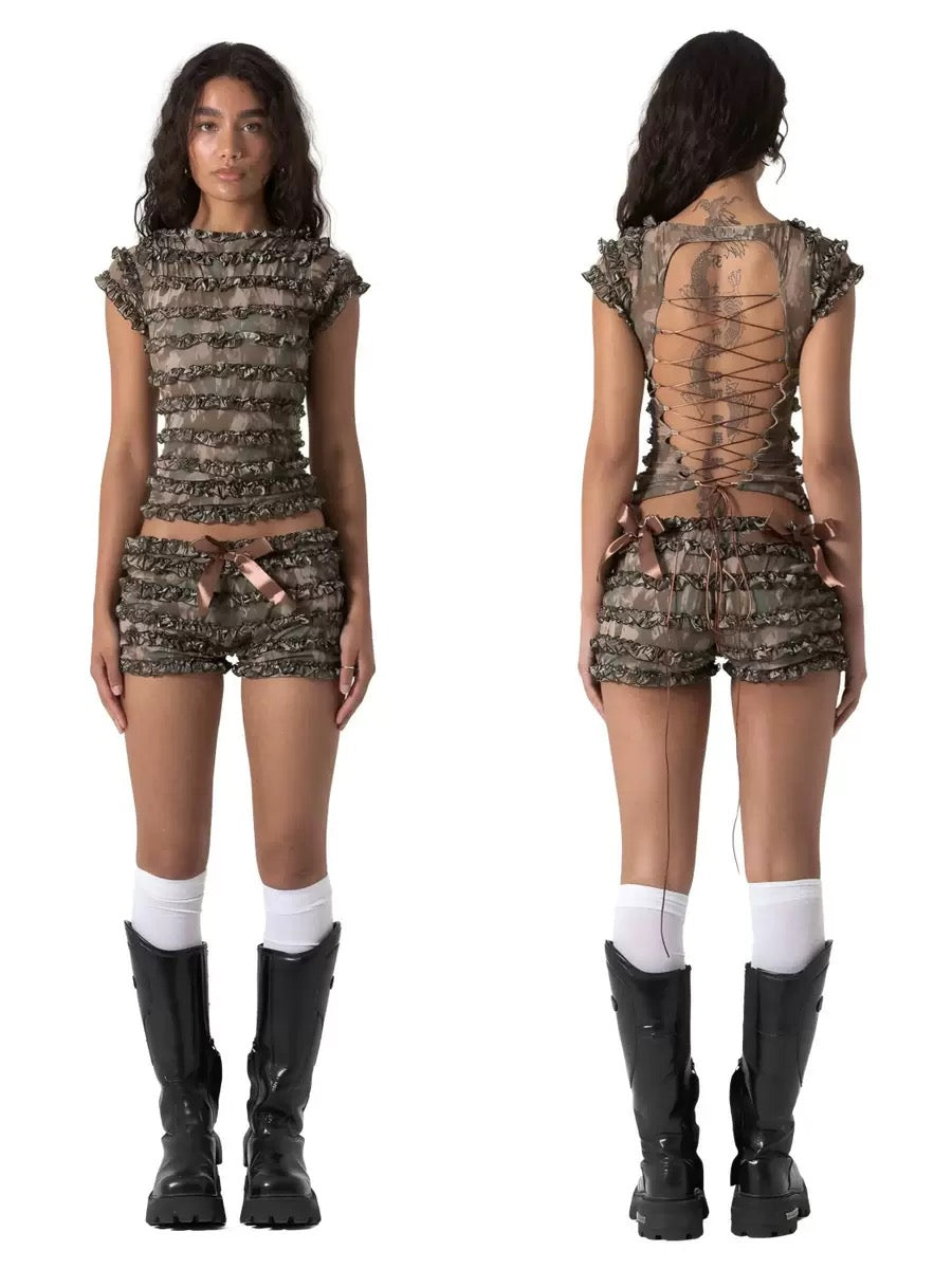 Noir Ruffle Lace-Up Two-Piece Set